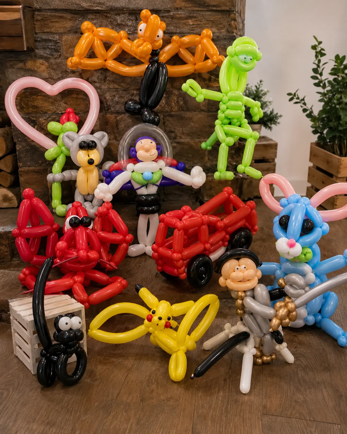 A colorful collection of detailed balloon sculptures displayed for guests